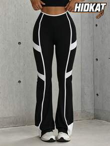 Hidkat Women's Fashion Solid Color Patchwork High Waist Slim Fit Athletic Knit Flare Pants - Black and White - View 1