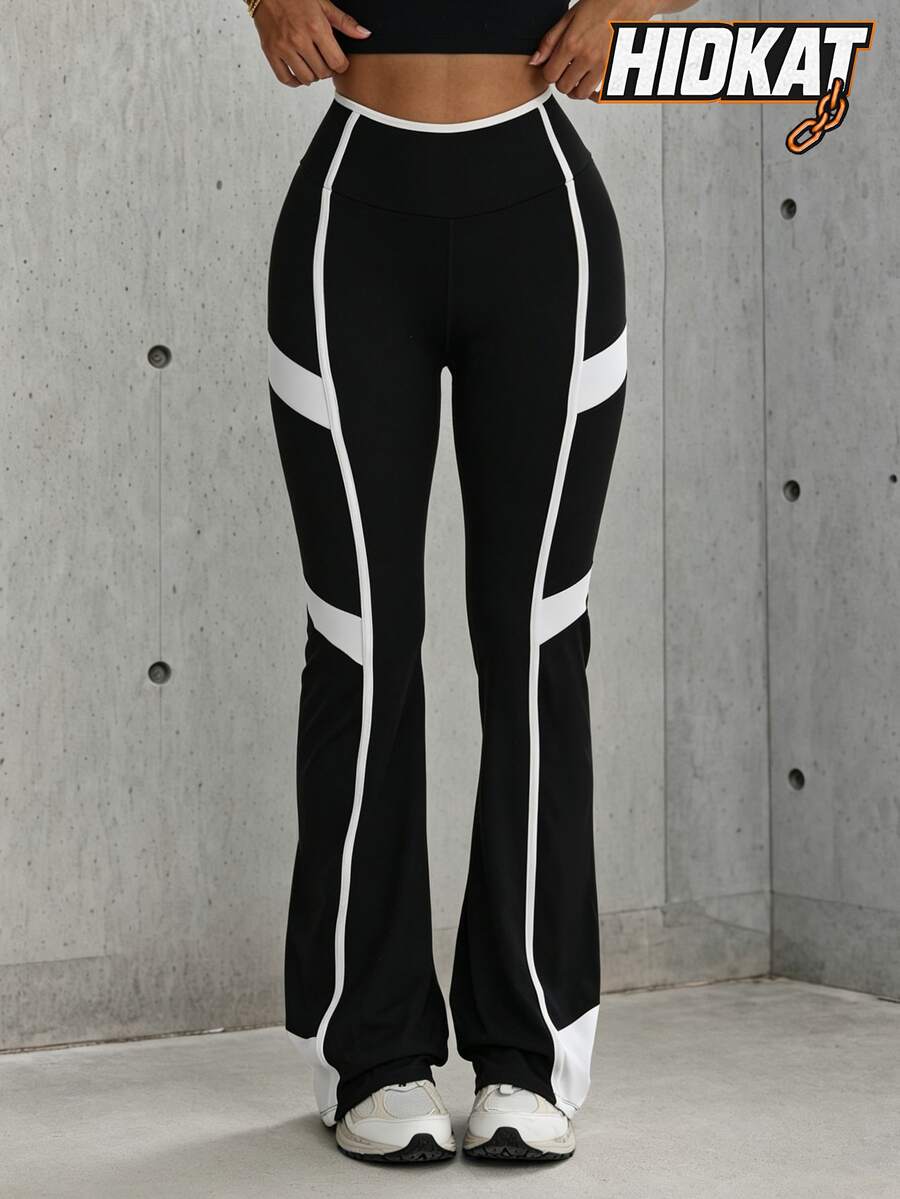 Hidkat Women's Fashion Solid Color Patchwork High Waist Slim Fit Athletic Knit Flare Pants - Black and White - View 1