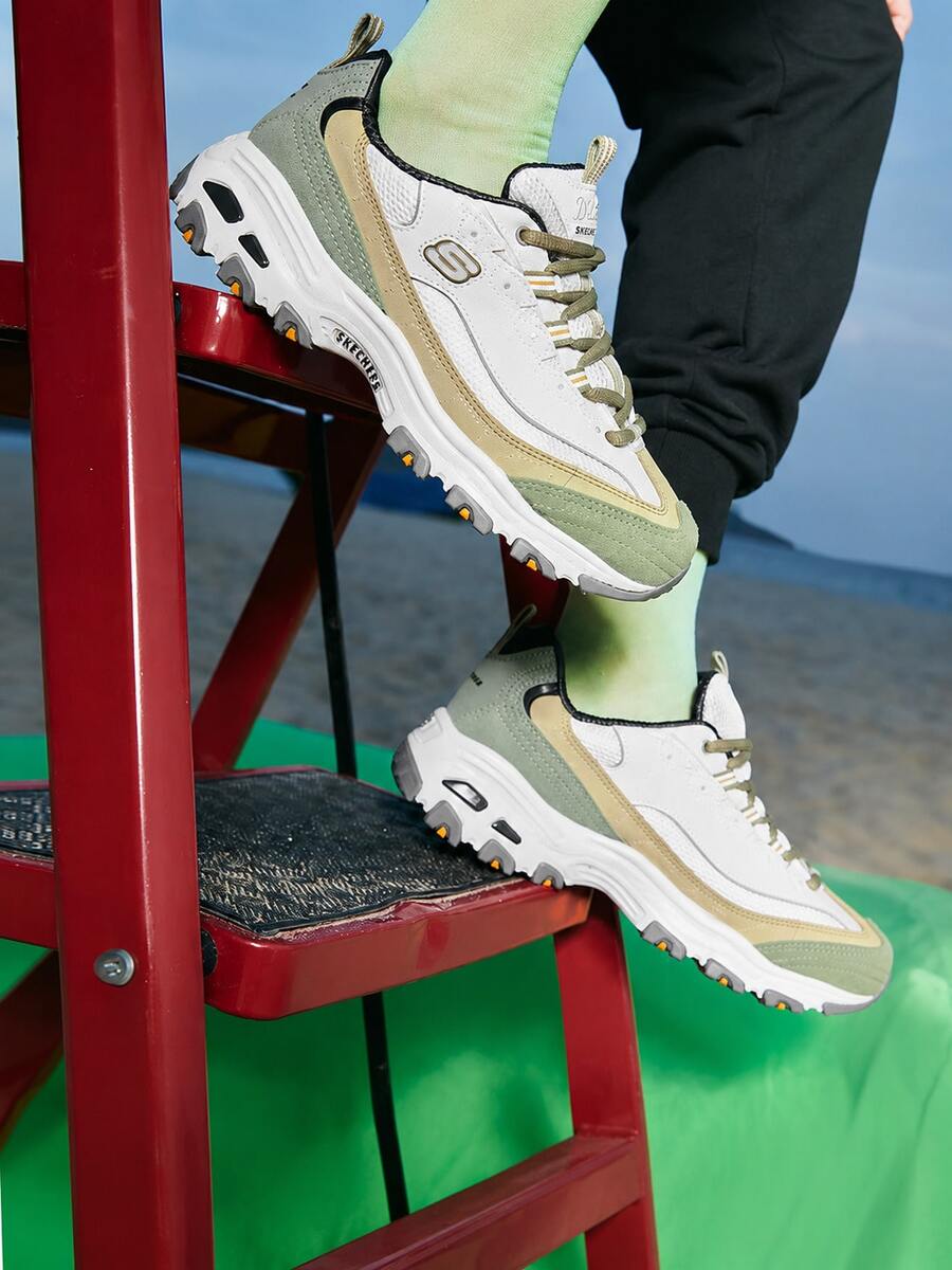 Skechers D'Lites Color-Block Platform Dad Shoes Women's Suede Mesh Patchwork Elevated Cushioning Retro Casual Sneakers - Gray Green - View 1