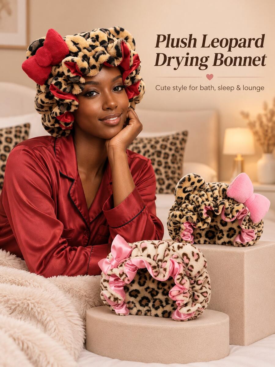 Leopard Print Hair Drying Towel With Pink Satin Bow, Ruffled Fashion Bath Hair Cap, Cute Bedtime Hair Cover, Suitable For Daily Bathing, Women's Relaxing Evening Self-Care Accessory - Multi-color - View 1