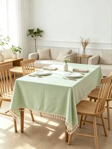 1PC Fresh Light Green Tablecloth With Soft Textured Feel, Tassel Edges For Elegant Touch. Nordic Minimalist Style, Natural Drape, Decorate Dining Table, Create Transparent And Healing Home Dining Atmosphere. - Mint Green - View 1