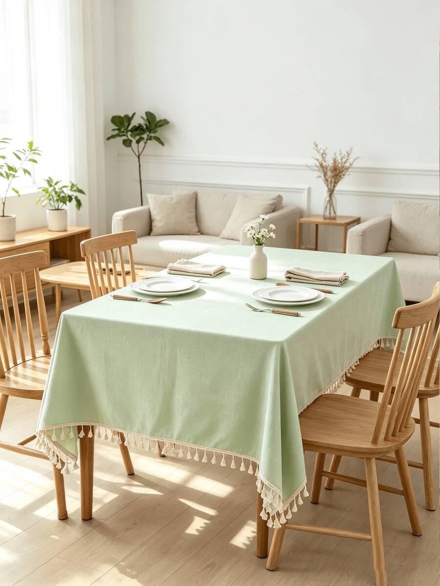 1PC Fresh Light Green Tablecloth With Soft Textured Feel, Tassel Edges For Elegant Touch. Nordic Minimalist Style, Natural Drape, Decorate Dining Table, Create Transparent And Healing Home Dining Atmosphere. - Mint Green - View 1