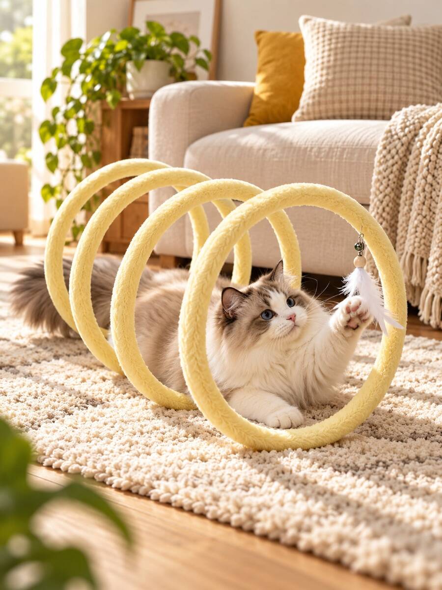 Foldable Cat Tunnel Spiral Interactive Toy With Detachable Bell, Indoor Self-Play Training Device, Mouse Feather Cat Teaser Wand, Kitten Energy-Burning Activity Tube, Crinkle Sound Pet Supplies, Ferret Rabbit Puppy Exercise Accessory Set - Multicolor - View 1