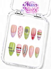 NAIO 10pcs/Set Y2K Handmade Press-On Nails, Nude & Multi-Color Macaron French Tips With Hand-Painted Stripes, Polka Dots, Silver Stars, Metallic Lines, Buttons & Beads, Cute Fresh Candy Summer Style, Suitable For Party & Daily Wear, 3 Sizes Coffin/Almond/Short Square - Multicolor - View 16