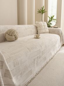 1pc Geometric Striped Texture Sofa Throw Blanket With Tassels, Soft Breathable Universal Sofa Cover, Durable Machine Washable Sofa Protector, Neutral Minimalist Style 1/2/3 Seater Sofa Blanket, Living Room Home Decor - Khaki - View 8