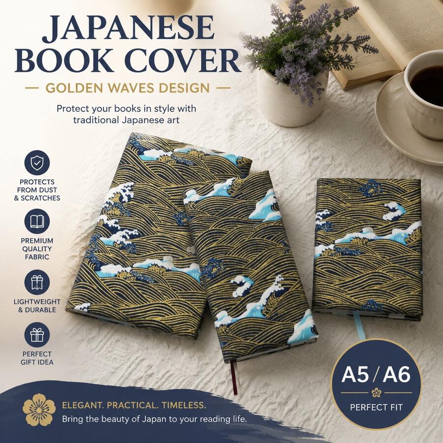 A5/A6 日式燙金海洋波浪布製書套，復古浮世繪圖案手帳套，耐磨防塵裝飾性書本保護套