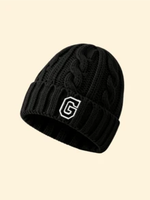 1pc Unisex Black Cuffed Cable Knit Beanie Hat With A‑Z 26 Alphabet , Soft Stretchy Warm Fall Winter Headwear, All‑Match Knitted Cap For City Commutes - Black - View 14