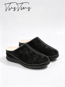 Clog Thermal Slippers With Thick Plush Lining, Slip-On Warm Indoor House Shoes, Soft Sole Fashion Slippers For Autumn/Winter - Black - View 4