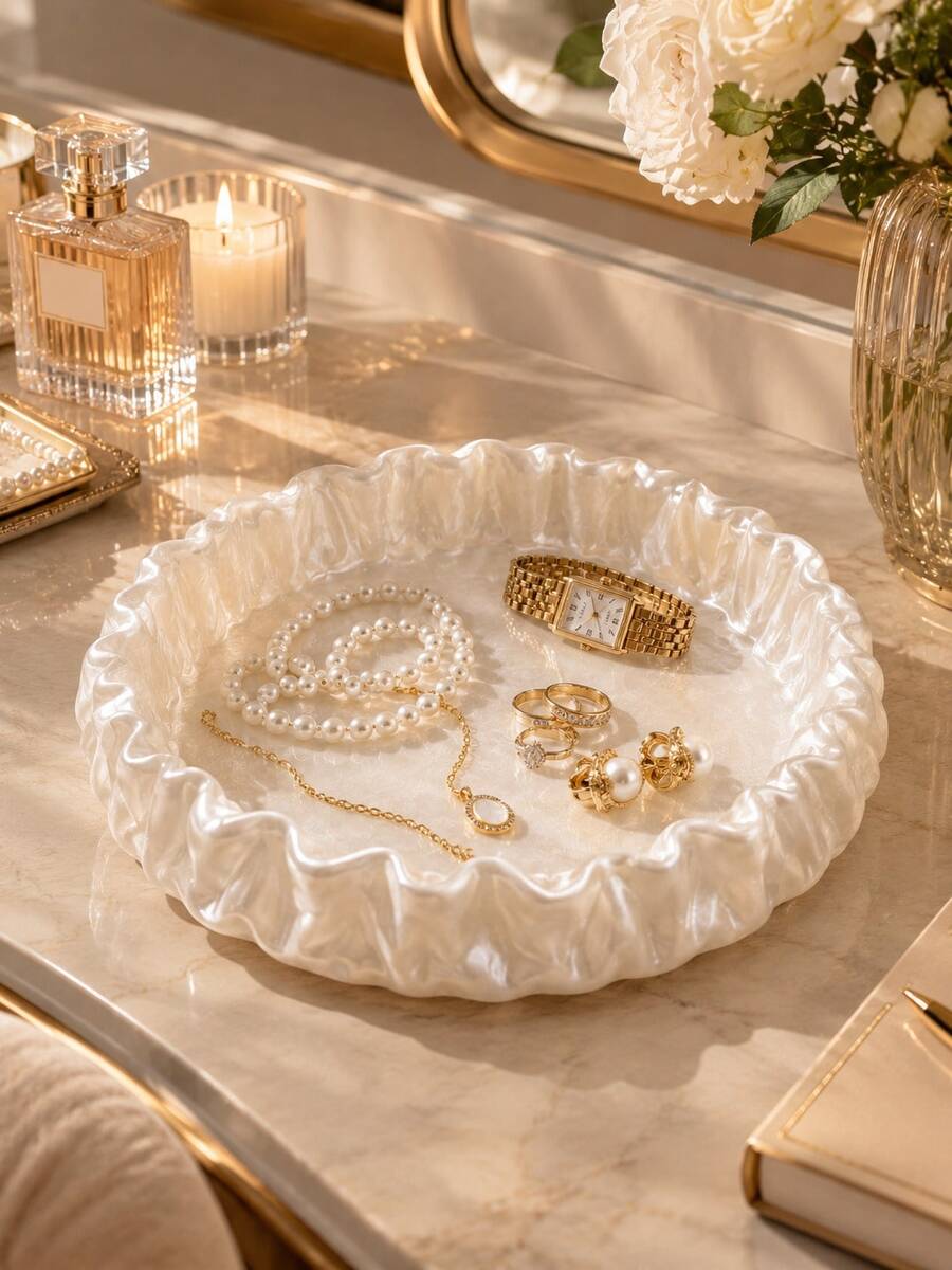 1pc Elegant Jewelry Storage Tray, Round Vanity Tray For Rings, Earrings, Necklaces, Bedroom Vanity Fashion Decor Home Accessories, Luxury Gift For Women, Jewelry Storage Tray Vanity Tray Rings Earrings Necklaces Storage Home Accessories - Multicolor - View 1