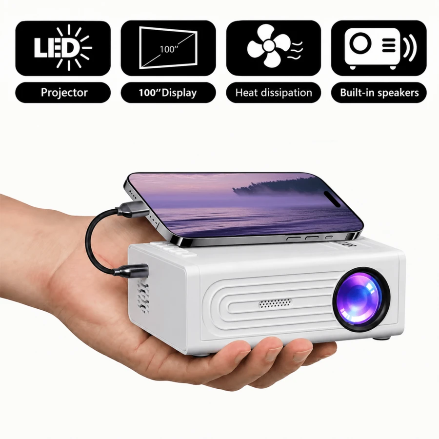 Smart Mini Portable Projector, Native 720P, Wired Home Theater Projector, 180° Adjustable Angle, Compatible With USB, Smartphone, TV Box, Laptop - High-Resolution Video Projector For Movies And Presentations - White - View 1