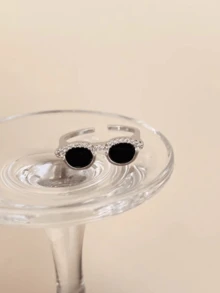 1pc Fashionable Funny Fashion Glasses Design Ring For Women, Eyeglasses Shaped Ring, Micro-Inlaid Zirconia Copper Ring, Open Adjustable Ring For Daily Wear And Party - Black - View 5