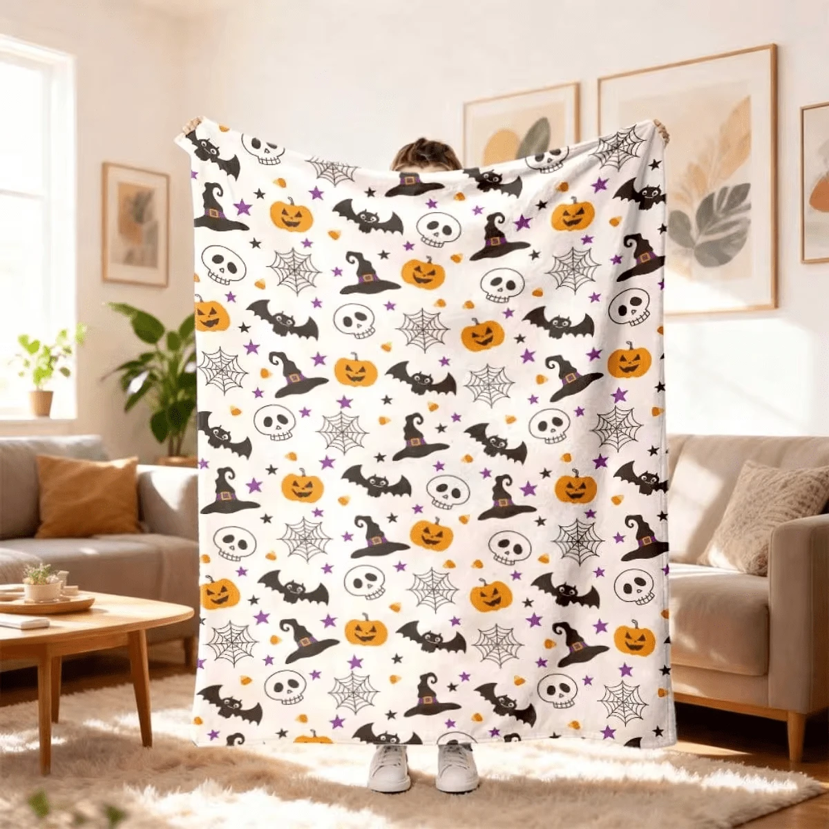 1pc Flannel Blanket | Soft & Comfortable Throw With Pumpkins, Wizard ...