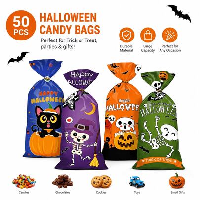 50 Pack Halloween Treat Bags With Drawstring Closure, Halloween Candy Gift Bags, Trick Or Treat Party Favor Bags For Candy Snacks And Small Gifts