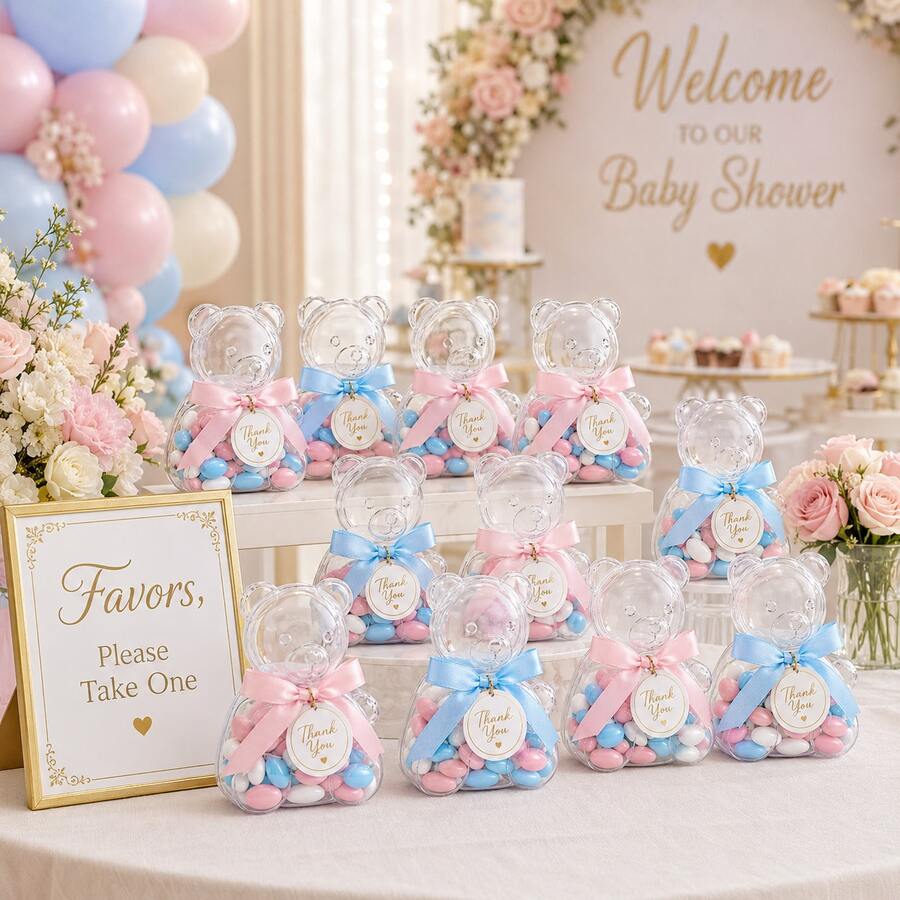 1/6/12pcs Clear Teddy Bear Candy Boxes With Ribbon And Thank You Cards, Suitable For Baby Shower, Gender Reveal, Baptism, Birthday Party Favors