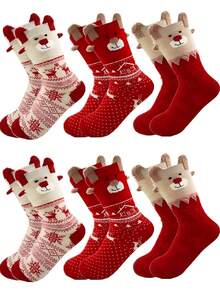 6 Pairs Women's Christmas Santa, Snowman, Reindeer Red Mid-Calf Socks, Suitable For Christmas Outfit - Multicolor - View 1