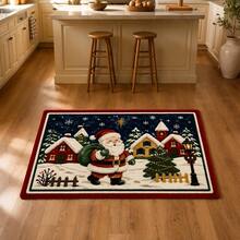 1pc Christmas Santa Claus Winter Village Scene Rectangular Door Mat, Suitable For Front Door, Entrance, Porch, Hallway, Perfect For Christmas Holiday Home Decor, Made Of Soft Skin-Friendly Plush Fabric, Non-Slip Bottom, Durable And Easy To Clean Floor Mat - Multicolor - View 3