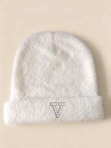 1pc Women Custom A‑Z Rhinestone Pearl Letter Fuzzy Cuffed Beanie Warm Winter Christmas Gift Knit Hat - White - View 35