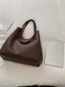 Minimalist Commuter Style Dark Brown Tote Bag, Soft PU Fabric, Open Top, Large Capacity, Adjustable Shoulder Strap, Women's Handbag/Shoulder Bag For School - Coffee - View 3