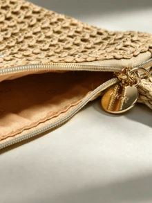 DIOR Straw Woven Makeup Bag, Premium Beige Woven Clutch, Luxury Embroidered Letter Zipper Storage Bag - Woven Makeup Bag - View 10