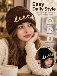 Women's Embroidered Knit Beanie, Soft Ribbed Winter Hat With Folded Brim, Warm Elastic Casual Cap, Suitable For Cold Weather, Outdoor Walking, Commuting, Travel, Daily Wear And Autumn/Winter Outfit Matching - Multicolor - View 3