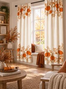 2 buah Tirai Musim Gugur Warna Krem, Motif Daun Maple Oranye & Putih, Dekorasi Musiman Ruang Makan Dapur Gaya Rumah Pertanian untuk Hari Thanksgiving - C - View 7