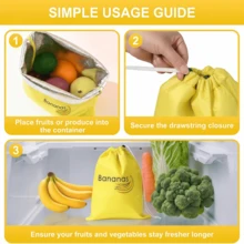 Reusable Produce Storage Bags, Food‑Grade Nylon Drawstring Fruit & Vegetable Fresh‑Keeping Bags With Aluminum Foil Liner, Refrigerator Organizer Pouch For Banana Tomato Vegetables, Extend Shelf Life - View 8