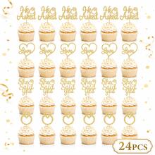 12/24pcs He Asked She Said Yes Cupcake Toppers Gold Glitter Diamond Ring Heart Love Cake Picks For Wedding Engagement Party Cake Decorations - Gold - View 6