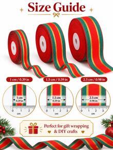 25 Yards/Roll Christmas Striped Ribbon Roll - Red Green Metallic Gold Striped Fabric Ribbon, Widths Available In 0.39 Inch, 0.59 Inch, 0.98 Inch. Suitable For DIY Gift Box Packaging, Large Wreath Bow Making, Christmas Tree Garland Decoration, Hair Accessories And Holiday Crafts. - Red and Green Ribbon - View 5