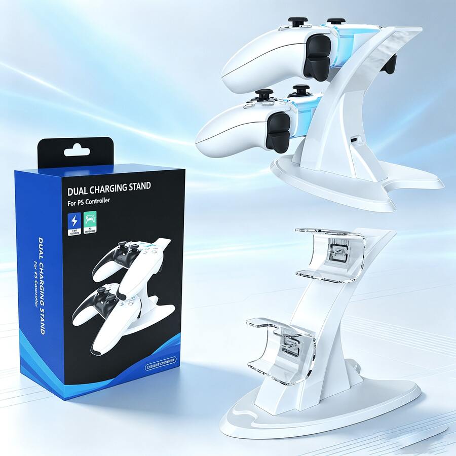 Dual Charging Station For P5 Controllers, Type-C Ports With Blue LED Indicator, Charge & Store 2 Controllers, Stable Non-Slip Base, ABS Black, Perfect For Streamers, Co-Op Players & Organized Gamers - View 1