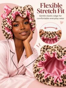 Leopard Print Hair Drying Towel With Pink Satin Bow, Ruffled Fashion Bath Hair Cap, Cute Bedtime Hair Cover, Suitable For Daily Bathing, Women's Relaxing Evening Self-Care Accessory - Multi-color - View 8