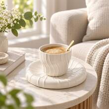 2pcs/1pc Cream White Wavy Embossed Ceramic Coffee Cup And Saucer Set, Minimalist French Style Ceramic Tea Cup Latte Cup, Home Tableware Gift - Multicolor - View 8