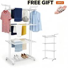 Foldable 4 Tier Clothes Airer With 20 PcsPortable Laundry Hooks Indoor Outdoor - Blue - View 14