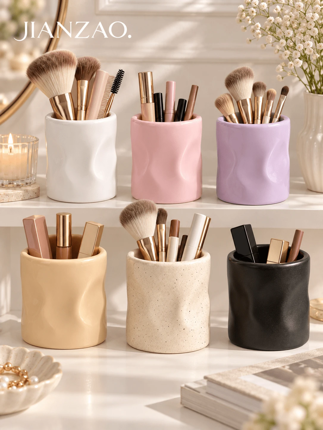 1pc Kawaii Wavy Resin Pen Holder In 6 Colors, Matte & Glossy Finishes, Multi-Use For Stationery & Makeup Brushes, Versatile Desk Organizer For Students & Office Workers - Corrugated Cylinder Storage - View 1