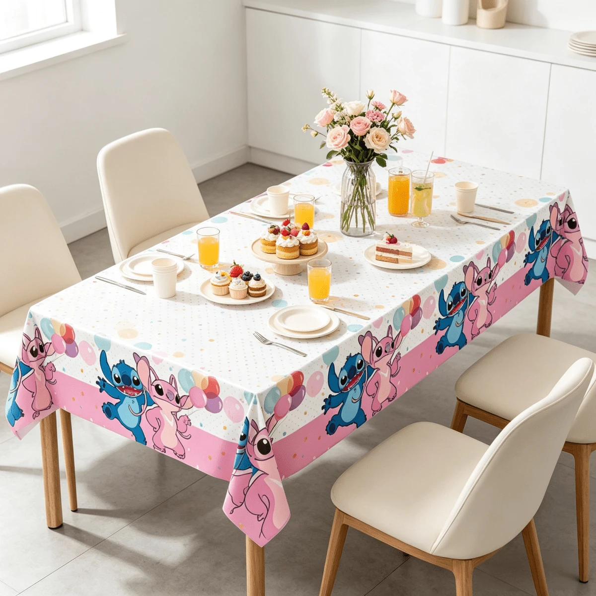 FIFA FIFA Stitch & Angel Cartoon Print Disposable Tablecloth, Waterproof & Oil-Resistant, No-Wipe, Suitable For Theme Parties, Picnics, Gatherings, Atmospheric Table Decor Party Supplies, 1pc - View 1