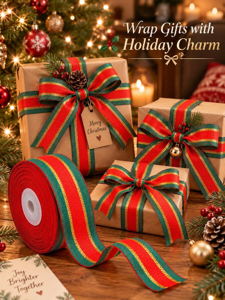 25 Yards/Roll Christmas Striped Ribbon Roll - Red Green Metallic Gold Striped Fabric Ribbon, Widths Available In 0.39 Inch, 0.59 Inch, 0.98 Inch. Suitable For DIY Gift Box Packaging, Large Wreath Bow Making, Christmas Tree Garland Decoration, Hair Accessories And Holiday Crafts.