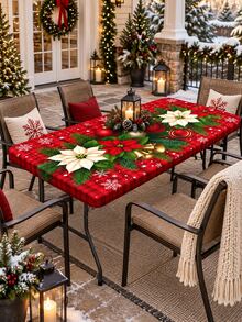 1pc Christmas Poinsettia Stretch Fitted Tablecloth, Red Plaid Gold Bell Ornament Snowflake Elastic Table Cover For Round & Square Tables, Xmas Holiday Dining Home Party Decor - K - View 9