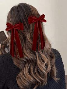2Pcs Velvet Bow Hair Clips Long Streamer Ribbon Barrettes, Sweet Side Hair Pins For Christmas Party Wedding Photo Shoot Daily Hair Accessories - Multicolor - View 6