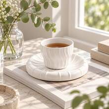 2pcs/1pc Cream White Wavy Embossed Ceramic Coffee Cup And Saucer Set, Minimalist French Style Ceramic Tea Cup Latte Cup, Home Tableware Gift - Multicolor - View 6