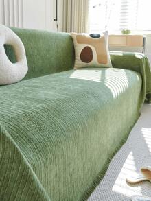 1pc Minimalist Cream Striped Washable Sofa Cover, Scratch-Resistant Wear-Resistant Dust-Proof Pet-Friendly Sofa Slipcover, All-Season Use, Perfect For Modern Home Decor - Green - View 1