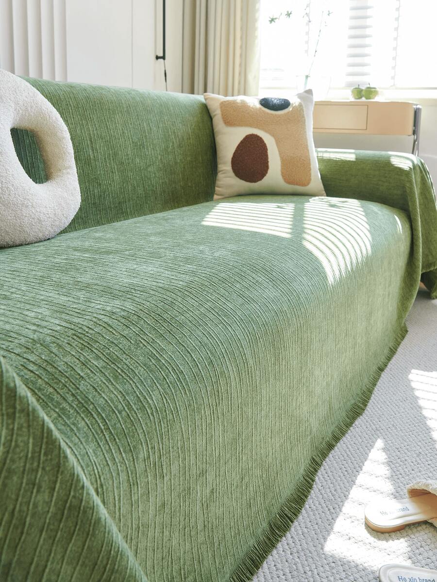 1pc Minimalist Cream Striped Washable Sofa Cover, Scratch-Resistant Wear-Resistant Dust-Proof Pet-Friendly Sofa Slipcover, All-Season Use, Perfect For Modern Home Decor - Green - View 1