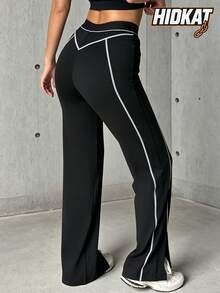Hidkat Women's Solid Color High Waist Elastic Band Casual Yoga Sports Knit Flare Pants - Black - View 2