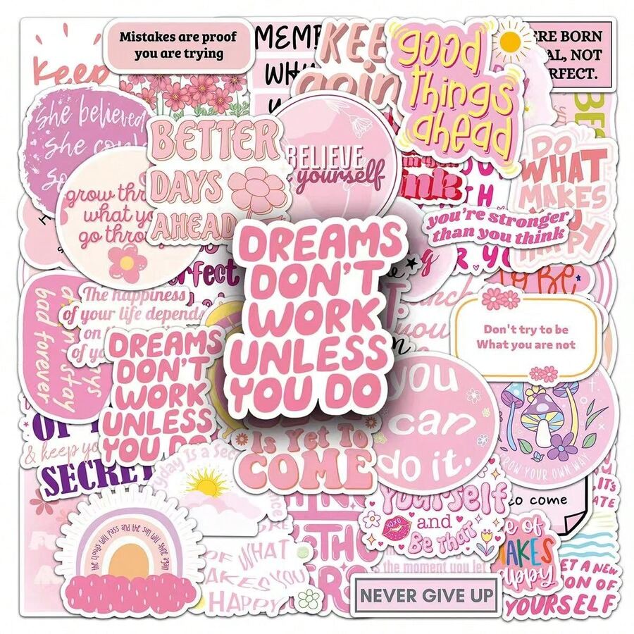 25pcs Of Refreshing Pink Inspirational Quote Stickers, Waterproof And Durable For Journaling And Decorating. Featuring A Soothing Pink Tone, Heartwarming And Inspiring Quotes, And A Soft, Sophisticated Color Scheme. Compact And Versatile. The Surface Is Coated For Waterproofing And Sun Protection, Is Wear-Resistant, Tear-Resistant, And Colorfast. Perfect For Decorating Notebooks, Phones, Suitcases, Guitars, Scrapbook Materials, And Back-To-School DIY Crafts. - Multicolor - View 1
