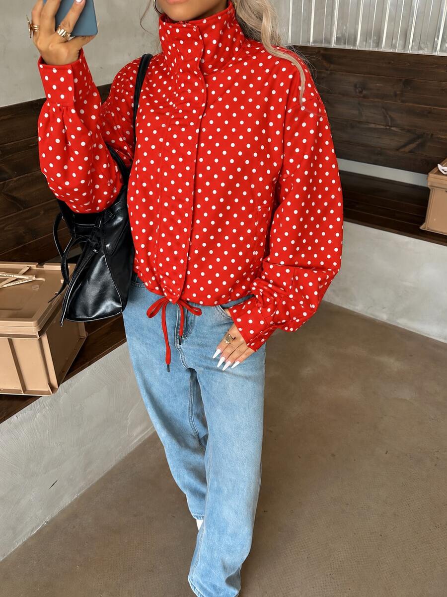 Women's Red Polka Dot Cropped Jacket Casual Elegant Street Fashion Korean Style - Red - View 1