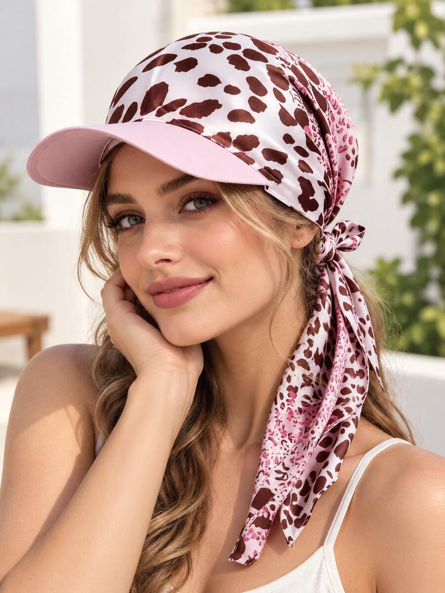 1pc Women's Leopard Print Sun Hat Scarf Combo, Fashionable UV Protection Baseball Cap With Silk Scarf, Tie Design, Lightweight Versatile, Suitable For Spring Summer Autumn Outdoor Travel, Vacation, Daily Wear - Multicolor - View 1