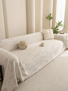 1pc Geometric Striped Texture Sofa Throw Blanket With Tassels, Soft Breathable Universal Sofa Cover, Durable Machine Washable Sofa Protector, Neutral Minimalist Style 1/2/3 Seater Sofa Blanket, Living Room Home Decor - Khaki - View 10