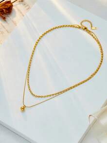 1pc Stainless Steel Double Layer Beaded Pendant Retro Style Necklace, Suitable For Daily Wear - Gold - View 4