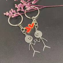 2Pcs Holiday Couple Match‑Stick Figure Keychain Set, Red Heart Alloy Bag Charm, Pendant For Backpack & Car Keys, Halloween Christmas Party Gift - Multicolor - View 3