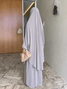 2件組祈禱長袍套裝含希賈布，彈性袖口端莊穆斯林女裝，全遮蓋伊斯蘭禮拜服 - 11#淺灰 - 查看 2