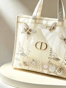 DIOR 溫柔風米色網格刺繡托特包，花卉蝴蝶蜻蜓刺繡大容量網袋，通勤上學手提購物包，旅行海灘便攜收納包，藝術氛圍單肩手提包 - 網紗刺繡托特包 - 查看 3