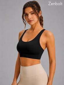 ZenBolt Bra Olahraga Jala Wanita Model U-Neck dengan Tali Ganda, Bantalan Terintegrasi, Dukungan Sedang, Cocok untuk Yoga, Gym, Lari, dan Olahraga Lainnya. - Hitam - View 6